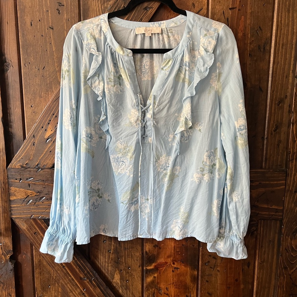 LOFT Soft Blue Floral Ruffle Blouse